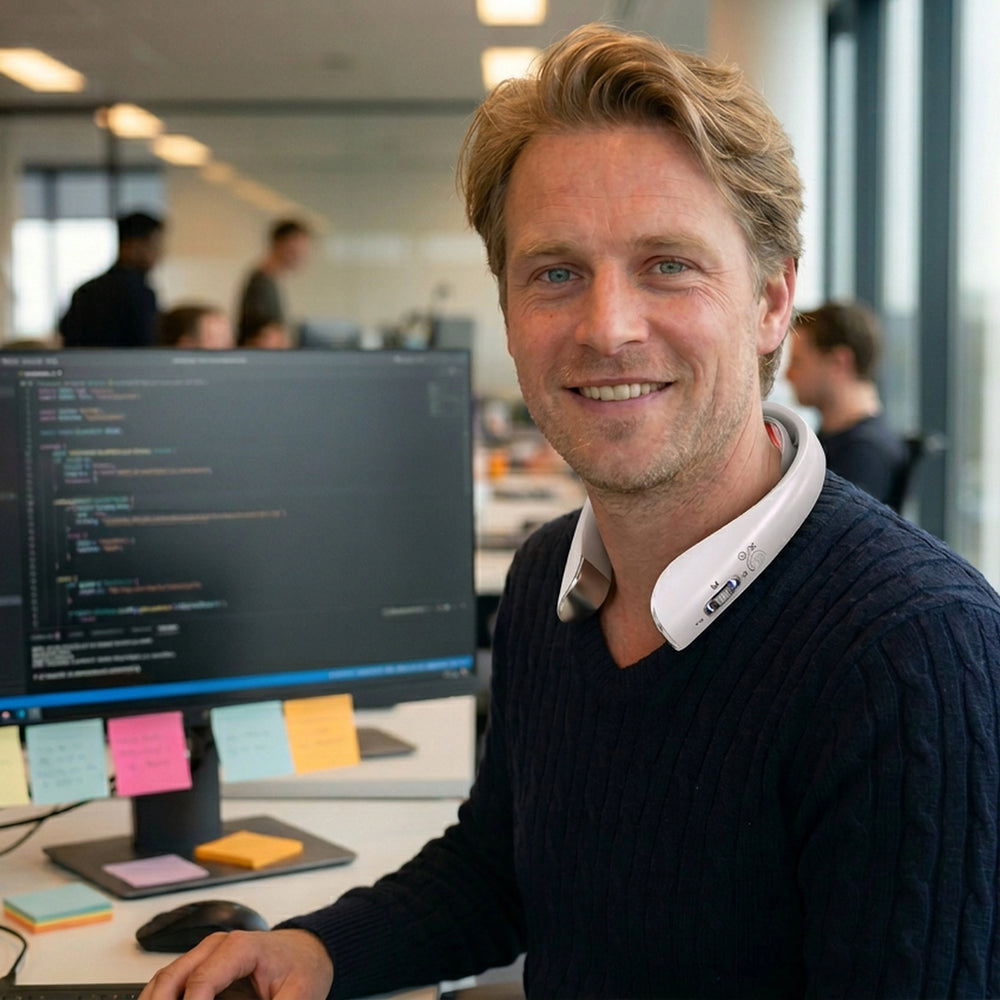 MaxoRize Professional X worn by man smiling at desk in open office